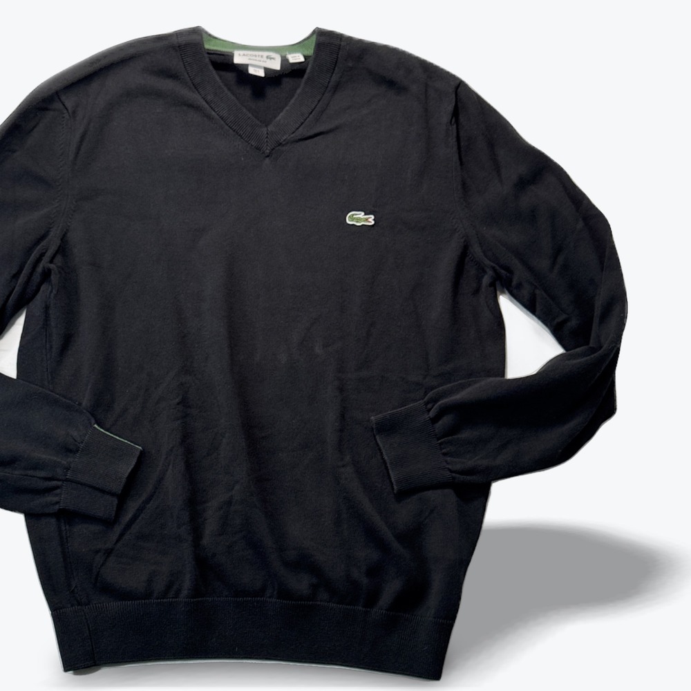 Lacoste V Neck Sweater Regular Fit Wool Pullover Mens Large Black Large FR 5